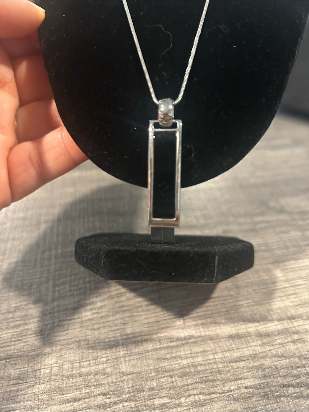 Lia Sophia Rectangular Pendant Necklace in Silver, Reversible white/black stone - Picture 2 of 3